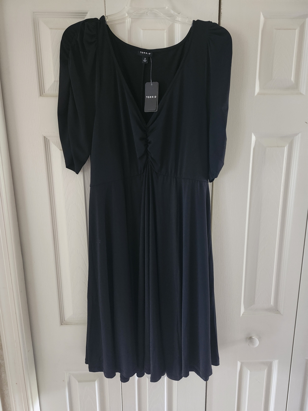 Torrid Black V-Neck Gathered Midi Dress with Short Sleeves